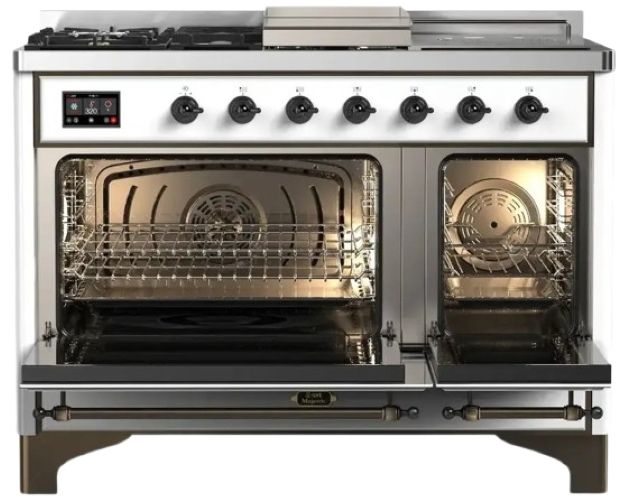 Ilve® Majestic III 48" Custom Pro Style Dual Fuel Liquid Propane Range with French Top and Burnished Trim-1