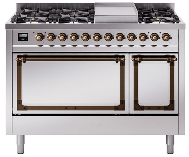 Ilve® Nostalgie II Noblesse 48'' Stainless Steel Pro Style Dual Fuel Range with Burnished Trim-0
