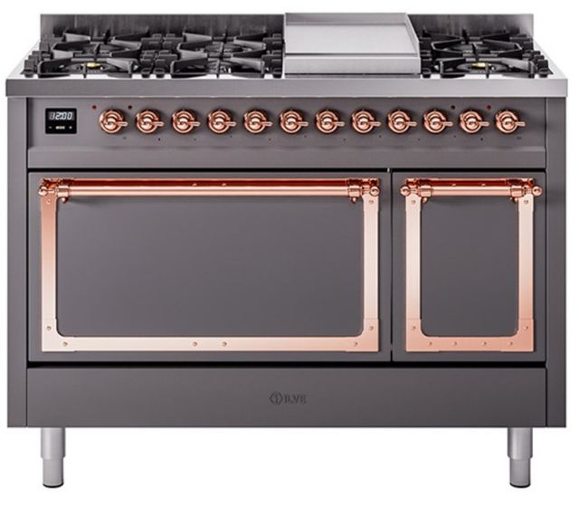 Ilve® Nostalgie II Noblesse 48'' Graphite Matte Pro Style Dual Fuel Range with Copper Trim-0