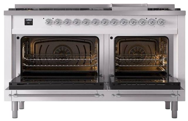 Ilve® Nostalgie II Noblesse 60'' White Pro Style Dual Fuel Range with Chrome Trim-2
