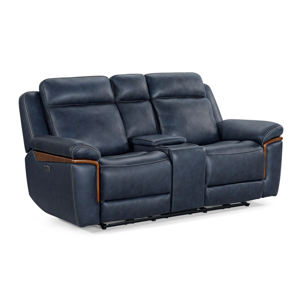 Kate Preston Home Navy Leather Power Reclining Console Loveseat