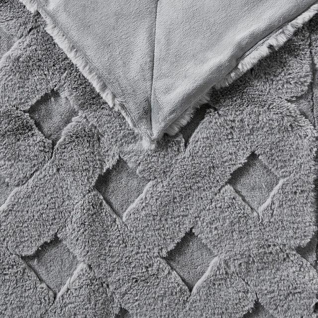 Olliix by Madison Park Claire Luxury Basketweave Grey Faux Fur Throw-2