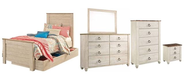 Signature Design by Ashley® Willowton 5-Piece Whitewash Twin Youth Panel Bed Set-0