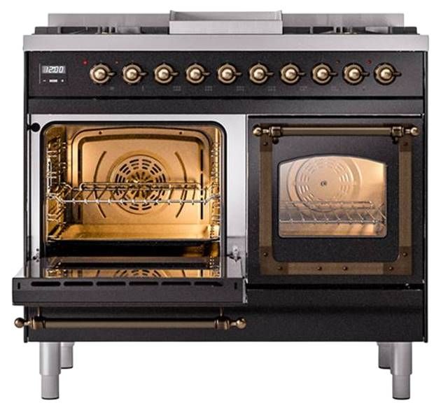 Ilve® Nostalgie II Noblesse 40'' Glossy Black Pro Style Dual Fuel Range with Burnished Trim-3
