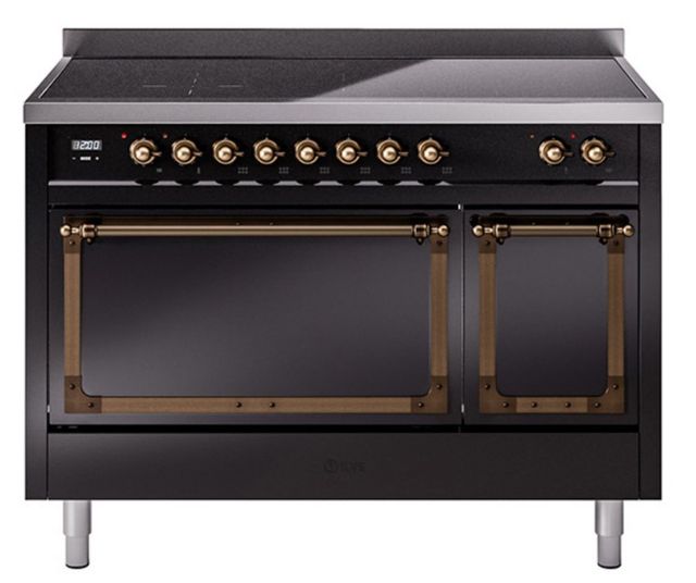 Ilve® Nostalgie II Noblesse 48'' Glossy Black Pro Style Induction Range with Burnished Trim-0