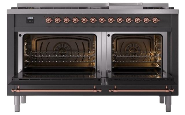 Ilve® Nostalgie II Noblesse 60'' Graphite Matte Pro Style Dual Fuel Range with Copper Trim-1