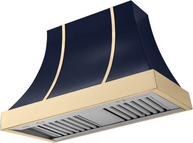La Cornue CornuFé Cascade 44" Goodwood Blue Wall Mounted Range Hood with Polished Brass Trim-0