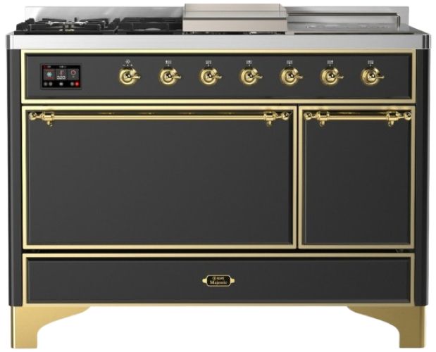Ilve® Majestic III 48" Graphite Matte Pro Style Dual Fuel Natural Gas Range with French Top and Brass Trim-0