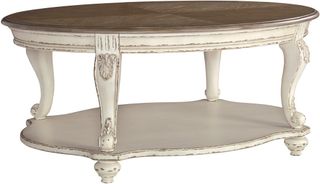 Signature Design by Ashley® Realyn Distressed Wood Oval Cocktail Table with Chipped White Base