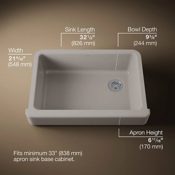 KOHLER® Whitehaven® Truffle 33" Undermount Single-Bowl Farmhouse Kitchen Sink with Short Apron-2