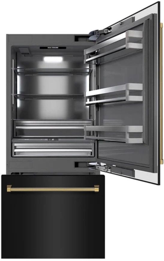 ZLINE Autograph Edition 36" 19.8 Cu. Ft. Black Stainless Steel Built In Bottom Freezer Refrigerator with Graphite Gray Interior and Polished Gold Helix Handles and Water Dispenser-2