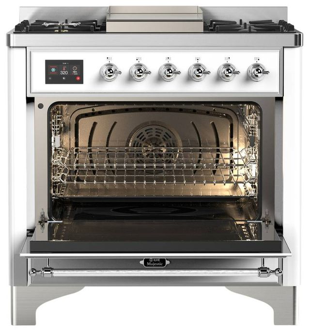 Ilve® Majestic III 36" White Pro Style Dual Fuel Liquid Propane Range with Solid Door and Chrome Trim-1