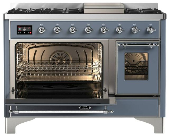 Ilve® Majestic III 48" Blue Gray Pro Style Dual Fuel Liquid Propane Range with Triple Glass Door and Chrome Trim-3