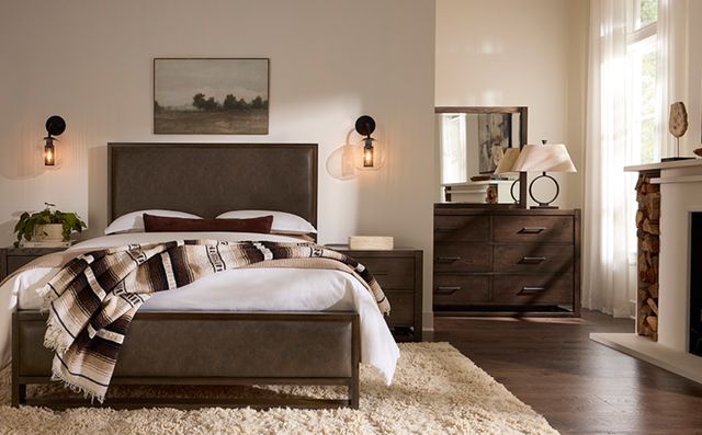Vaughan-Bassett Lodge & Loft Dark Oak/Sedona Brown California King Upholstered Panel Bed-1