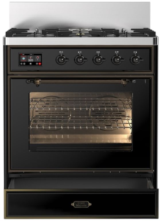 Ilve® Majestic III 30" Glossy Black Pro Style Dual Fuel Liquid Propane Range with Triple Glass Door and Burnished Trim-1