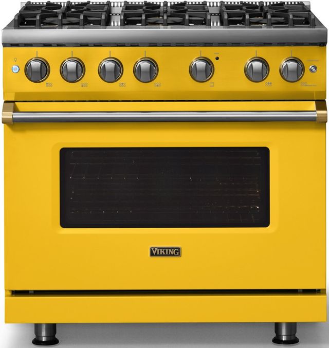 Viking® 5 Series 36" Daffodil Pro Style Gas (NG) Range with Brushed Brass Trim-3