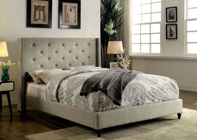 Furniture of America® Anabelle Warm Gray Eastern King Upholstered Panel Bed-1