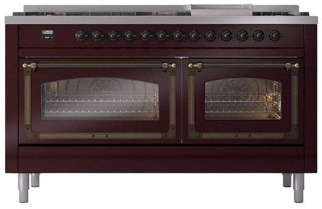Ilve® Nostalgie II Noblesse 60'' Burgundy Pro Style Dual Fuel Range with Burnished Trim-1