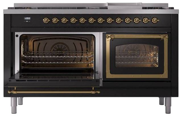 Ilve® Nostalgie II Noblesse 60'' Glossy Black Pro Style Dual Fuel Range with Brass Trim-3