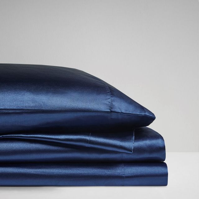 Olliix by Madison Park Essentials Satin Navy California King Wrinkle-Free Luxurious 6-Piece Sheet Set-3