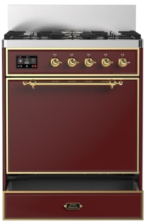 Ilve® Majestic III 30" Burgundy Pro Style Dual Fuel Natural Gas Range with 5 Black Brass Burners and Brass Trim-2