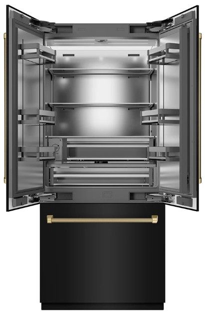 ZLINE Autograph Edition 36" 19.6 Cu. Ft. Black Stainless Steel with Stainless Steel Interior and Champagne Bronze Helix Handles French Door Built-In Bottom Freezer Refrigerator with Water Dispenser and Ice Maker-1