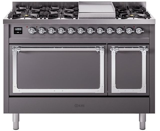 Ilve® Nostalgie II Noblesse 48'' Graphite Matte Pro Style Dual Fuel Range with Chrome Trim-0