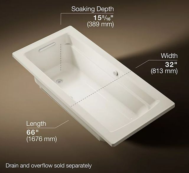 KOHLER® Archer® Biscuit 66" x 32" Drop-In Heated BubbleMassage™ Air Bath with Bask® Heated Surface-2