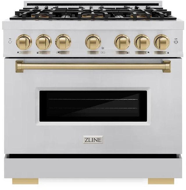 ZLINE Autograph Edition 36". 5.2 cu. ft. Dual Fuel Range with 6 Burner DuoPro™ Cooktop and Electric Convection Oven in Stainless Steel and Champagne Bronze Accents -0