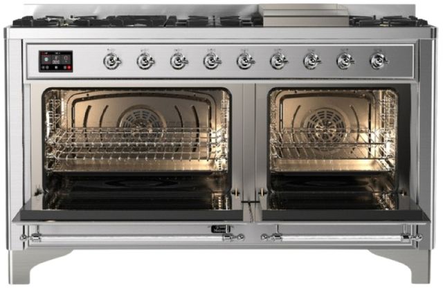 Ilve® Majestic III 60" Stainless Steel Pro Style Dual Fuel Liquid Propane Range with Solid Door and Chrome Trim-1