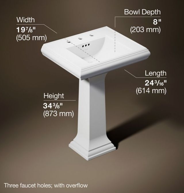 Kohler Memoirs® Classic White 24.25" Rectangular Pedestal Bathroom Sink Widespread Faucet Holes-3
