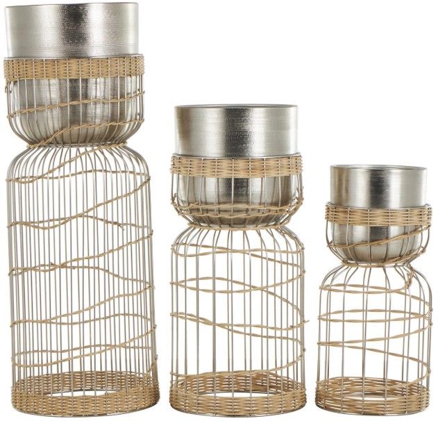 Deco Marche 3-Piece Silver Textured Dome Planter Set with Woven Rattan and Caged Rod Pedestal Base-1