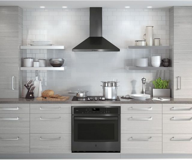 GE® 30" Black Stainless Wall Mount Pyramid Chimney Hood-5