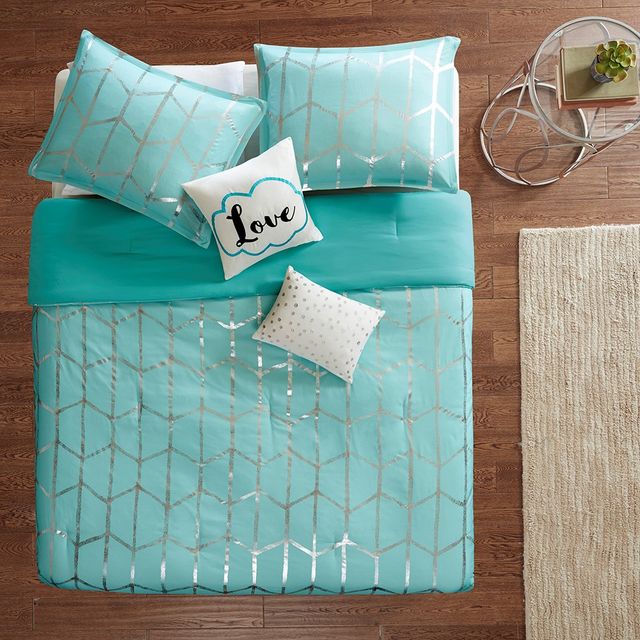 Olliix by Intelligent Design Raina Aqua and Silver Full/Queen Metallic Printed Comforter Set-3