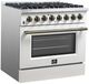 FORNO® Galiano 36" Stainless Steel Pro Style Dual Fuel Range with White Door with Antique Brass Accents-4