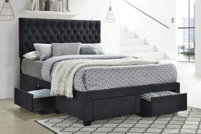 Coaster® Soledad Charcoal Upholstered Queen Storage Bed-1