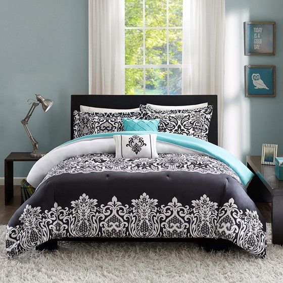 Olliix by Intelligent Design Leona Aqua/Black Twin/Twin Extra Large Comforter Set-4