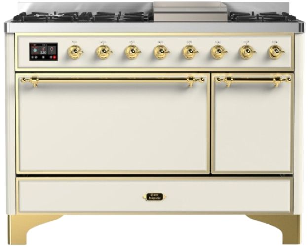 Ilve® Majestic III 48" Antique White Pro Style Dual Fuel Liquid Propane Range with Solid Door and Brass Trim-0