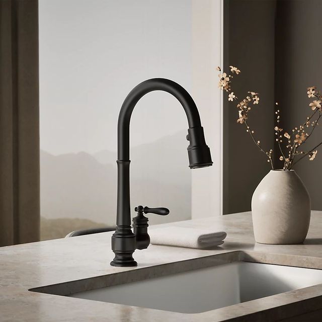 KOHLER® Artifacts® Matte Black Kitchen Sink Faucet with Three-Function Sprayhead-1