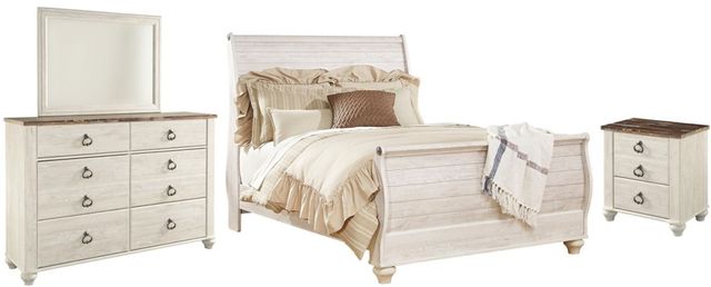 Signature Design by Ashley® Willowton 4-Piece Whitewash Queen Sleigh Bed Set-0