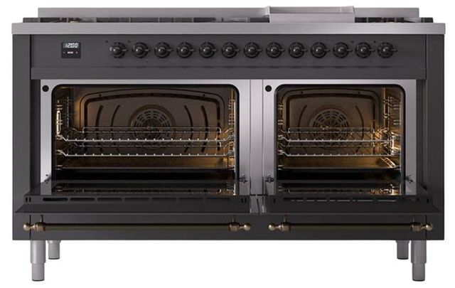 Ilve® Nostalgie II Noblesse 60'' Graphite Matte Pro Style Dual Fuel Range with Burnished Trim-2