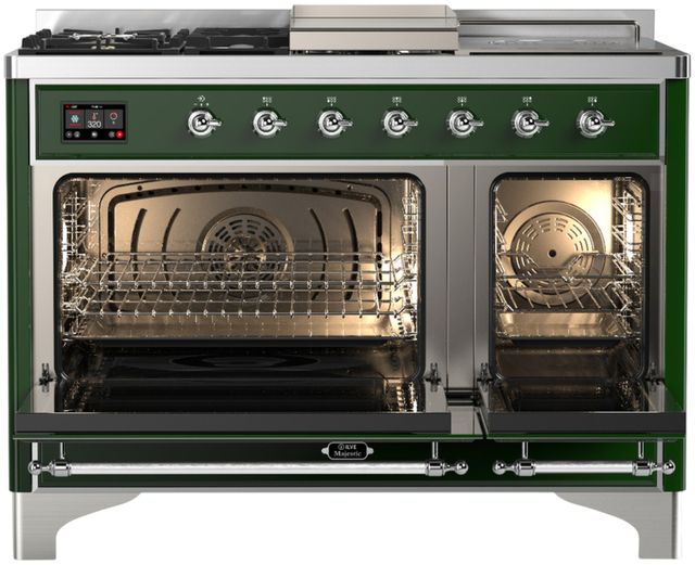 Ilve® Majestic III 48" Emerald Green Pro Style Dual Fuel Liquid Propane Range with 5 Black Brass Burners and Chrome Trim-1