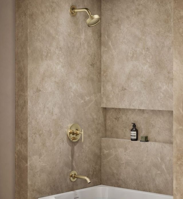 KOHLER® Purist® Rite-Temp® Vibrant French Gold 1.75 GPM Bath and Shower Trim Kit with Push-Button Diverter and Lever Handle-1
