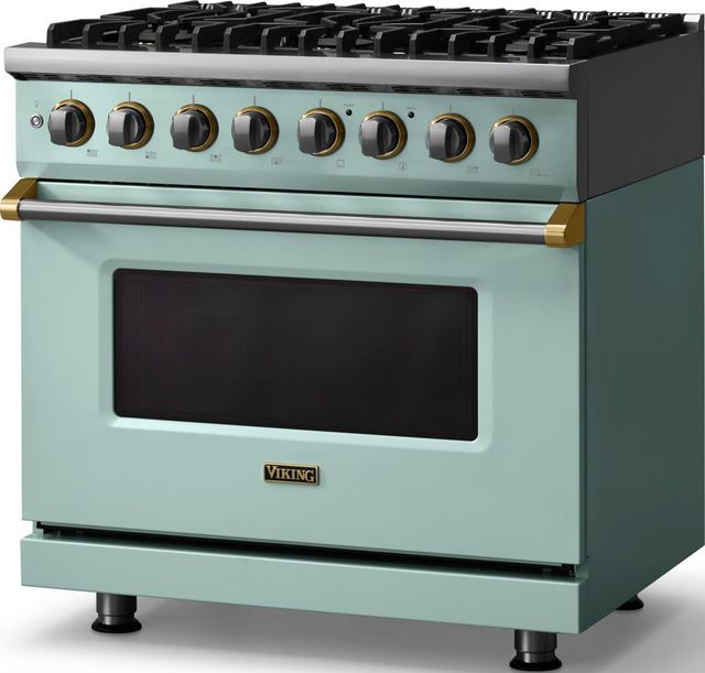 Viking® 5 Series 36" Splash Pro Style Dual Fuel (NG) Range with Brushed Brass Trim-3