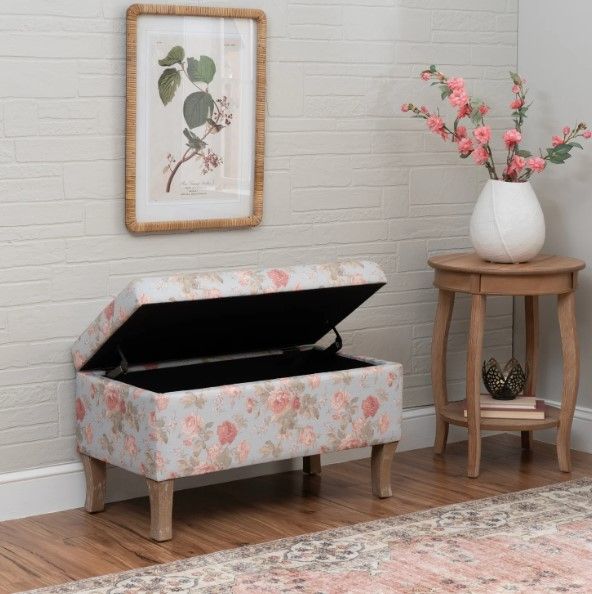 Linon Stephanie Aqua Floral/Rustic Gray Storage Bench-2