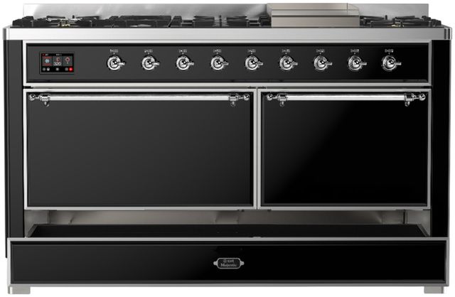 Ilve® Majestic III 60" Glossy Black Pro Style Dual Fuel Natural Gas Range with Solid Door and Chrome Trim-1