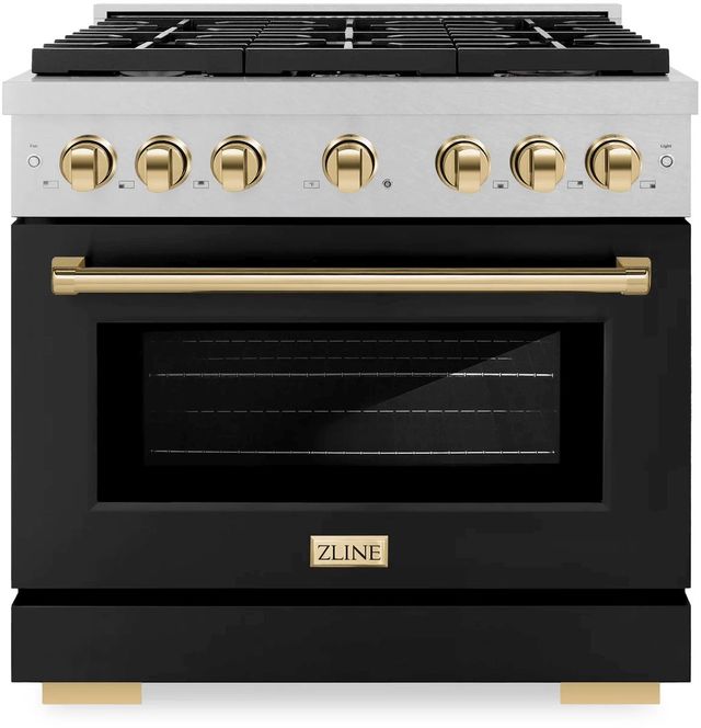 ZLINE Autograph Edition Paramount 36" Satin Stainless Steel Pro Style Dual Fuel Range with Black Matte Door and Polished Gold Accents-0