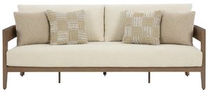 Modern outdoor sofa with dark brown aluminum frame and white cushions Modern outdoor sofa with dark brown aluminum frame and white cushions