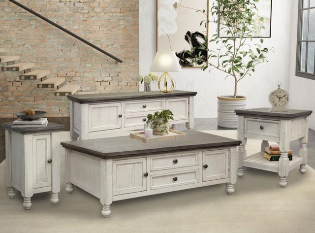 International Furniture Direct Stone Weathered Gray Top Cocktail Table with Antiqued Ivory Base-1