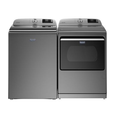 Front view of the Maytag® Metallic Slate Laundry Pair